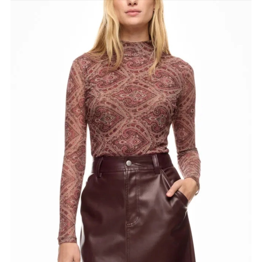Ronny Kobo Mock Neck Mesh Top Paisley Brown Long Sleeve Sheer Sz M‎